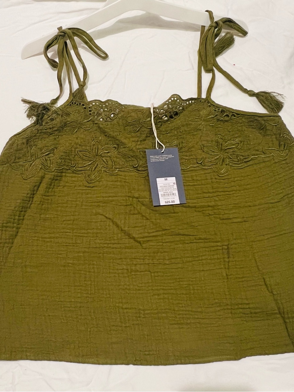 Universal Thread Olive Green Embroidered Tie-Shoulder Camisole